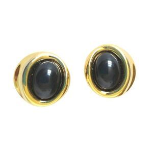 Vintage Givenchy Cabochon Oval Black Onyx Stud Earrings Yellow Gold Plated Clip